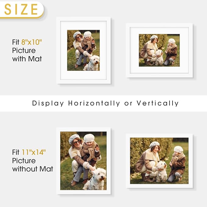 Golden State Art 11x14 White Picture Frame,Solid Wood&Real Glass,Mat 8x10
