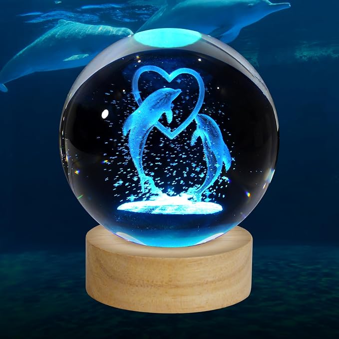 3D Dolphin Crystal Ball Night Light, Upgraded 3.15 Inch Glass Ball Lamp with 16 Color LED Wooden Base, Dolphin Decor Birthday Holiday Christmas Gifts for Boys Girls Friends