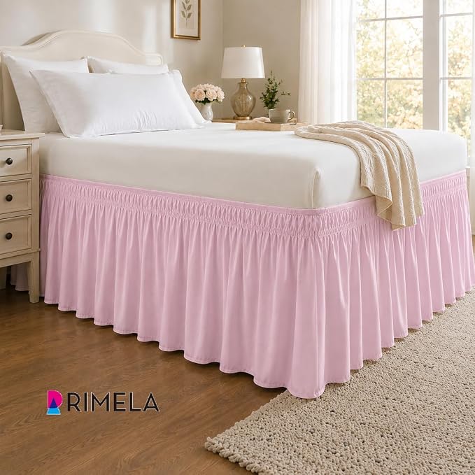 Dusty Pink Bed Skirt Twin Size 15" Drop, Elastic Wrap Around Bedskirt | Solid Ruffled, Easy to Use, No Mattress Lifting, Wrinkle & Fade Resistant, with Adhesive Strips, Machine Wash/Dry/Iron