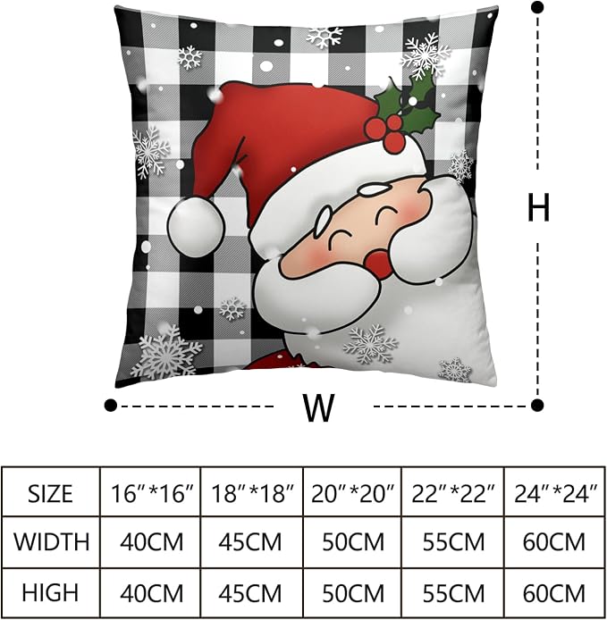 Xmas Santa Claus and Snowman Christmas Pillow Covers 16x16 Set of 2 Black and White Plaid Throw Pillow Covers Warm Soft Touch Cotton Blend Winter Pillows Cases for Bedroom Sofa