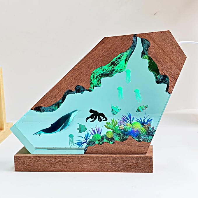 Handmade Blue Whale Resin Lamp with Wood Base