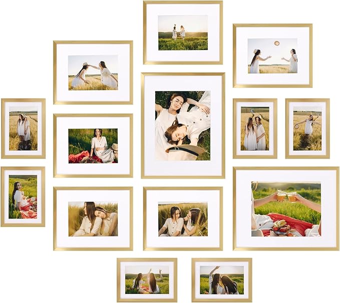 Giftgarden 14 Pack Gold Picture Frames Set, 2pcs 11x14 Matted for 8x10, 6pcs 8x10 Matted for 5x7, 6pcs 5x7 Matted for 4x6, Gallery Frame Collage for Wall or Tabletop Display