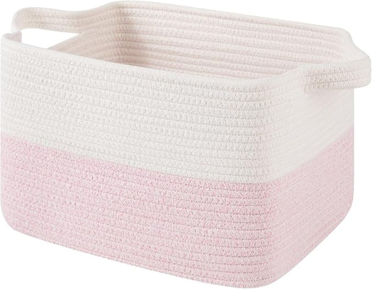 OIAHOMY Woven Storage Basket for Shelves, Rectangle Cotton Rope Baskets for Organizing, 13 x 10 x 9 in, Storage Bins for Dog Toys,Towel,Books,Gift,Pink and White
