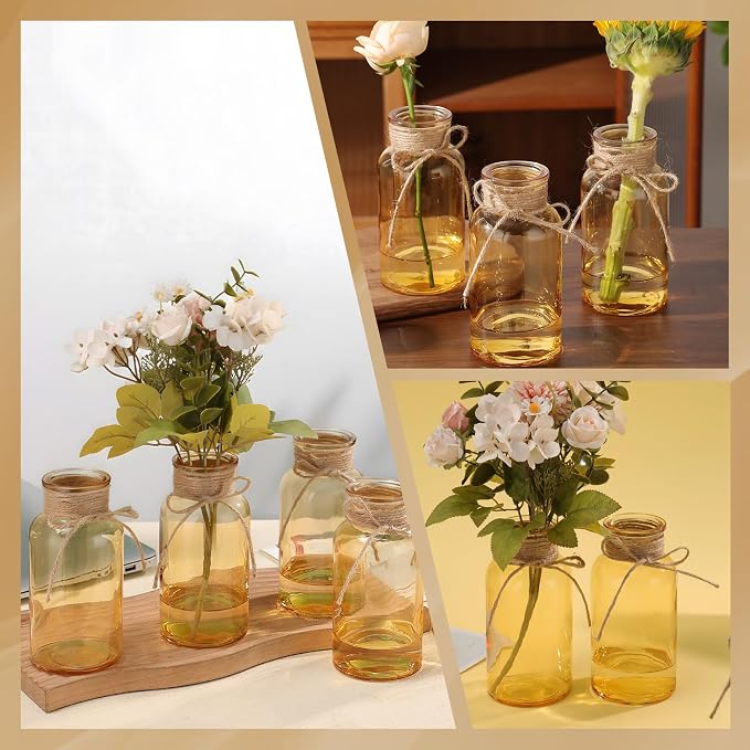 Mason Jar Glass Vases 12 Pack, Gold Flower Vase for Centerpieces | Rustic Farmhouse Home Decor, Bud Vase with Twine, Wedding Table Decoration, Boho Floral Arrangement, Vintage Jars Bulk