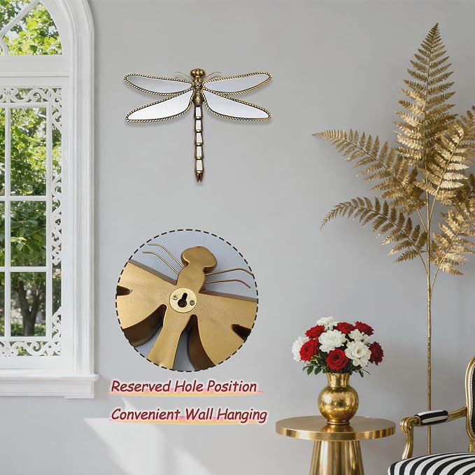 Golden Dragonfly Wall Mirror, Vintage Resin Dragonfly Mirror Wall Decor | Decorative Dragonfly Mirror Wall Sculpture, Insect Mirror Wall Decor, Wall Mounted Decor for Living Room Bedroom and Entryway