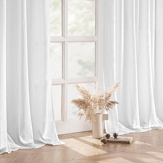 MIULEE White Linen Curtains 72 Inch Length 2 Panels for Bedroom Living Room | Soft Thick Linen Textured Back Tab Window Drapes, Semi Sheer Light Filtering, Rod Pocket, Modern Farmhouse Decor
