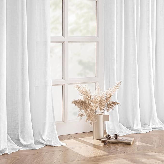 MIULEE White Linen Curtains 2 Panels Window Drapes 37x72 Inches | Curtains for Bedroom Living Room, Soft Linen Textured Back Tab, Semi Sheer Light Filtering Rod Pocket, Modern Farmhouse Decor