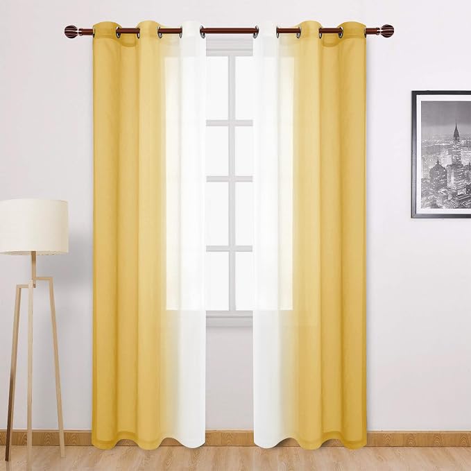 DWCN Ombre Sheer Curtains - Faux Linen Semi Voile Gradient Light-Filtering Bedroom and Living Room Curtains, Set of 2 Grommet Top Window Drape Panels, 42 x 84 Inch Length, Mustard Yellow