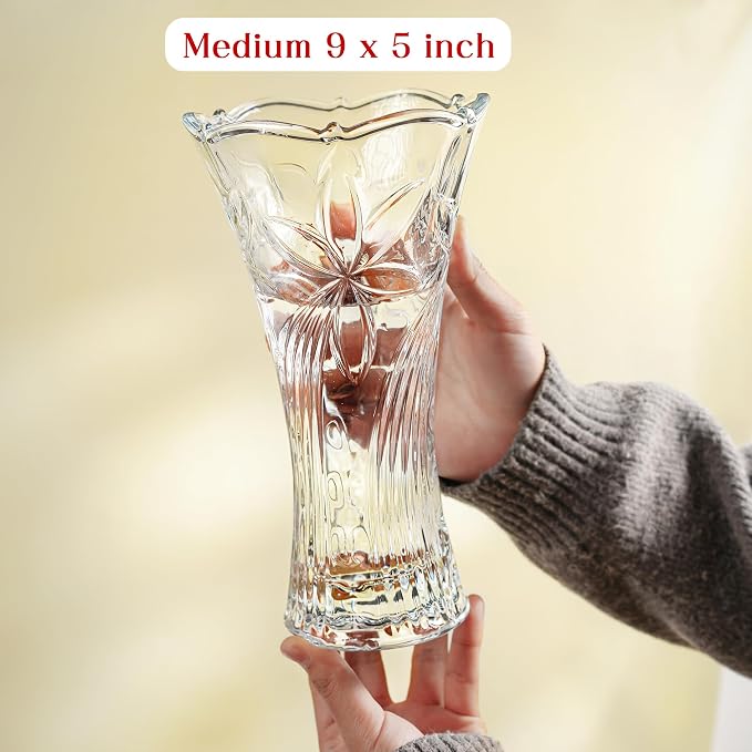 9 Inch Tall Crystal Vases for Flowers, 1 Piece Thickened Glass Vase | 2.3 lb Large Flower Vase for Tables Centerpieces Home Decor, Clear Vases for Wedding Reception, Housewarming Gift