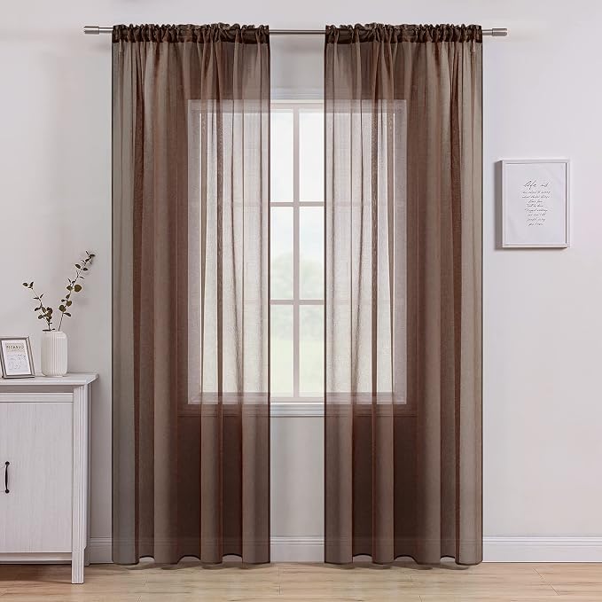 MIULEE Chocolate Brown Linen Textured Sheer Curtains 54W×108L for Bedroom | Semi Transparent, Farmhouse, Window Net Panels with Rod Pocket for Bedroom Living Room