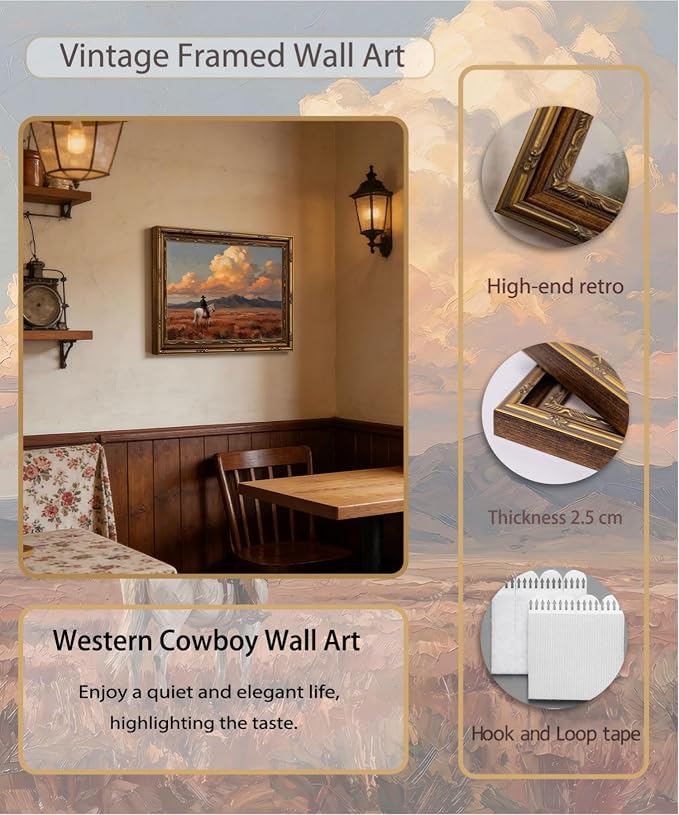 Vintage Gold Framed Wall Art Western Cowboy Wall Art Vintage Cowboy on Horse Wall Decor Picture Rustic Sunset Landscape Poster Print for Living room Bedroom Home Decoration 12x16in