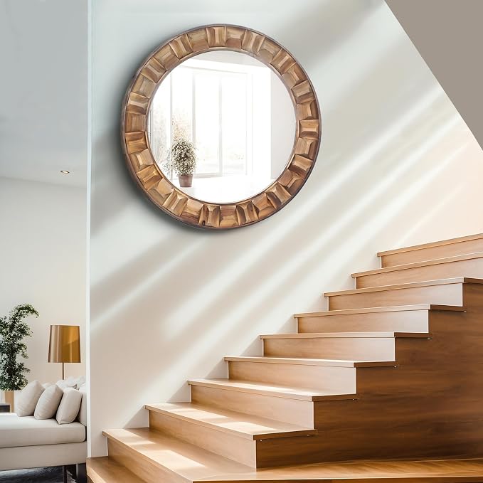 30 Inch Dark Solid Wood Round Wall Mirror | Brown Wooden Decorative Circle Mirror for Bathroom, Bedroom, Living Room, Entryway, Hallway, or Foyer