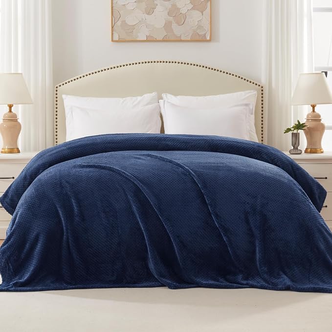 Exclusivo Mezcla Fleece Bed Blanket King Size, Super Soft and Warm Blankets for Couch, Sofa and Bed Waffle Textured, Cozy, Fuzzy and Lightweight (Navy Blue, 90x104 Inches) | Lightweight Plush Blanket for Bed, Bedroom, Cozy Flannel with Waffle Texture, ...