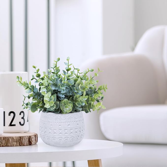 Winlyn Set of 2 Small Artificial Potted Plants Faux Eucalyptus Plant in White Geometric Ceramic Pots Small Desk Potted Plants 7.1" Tall for Home Office Room Decorations Wedding Greenery Centerpiece