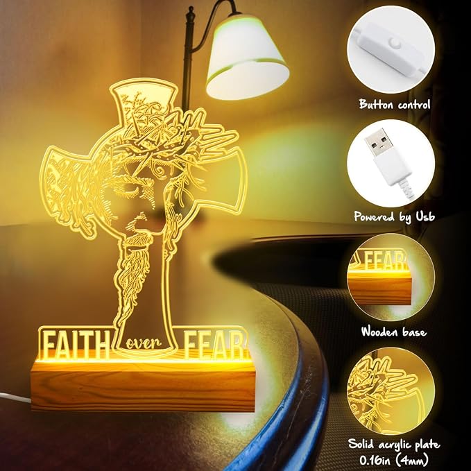 Faith Over Fear LED Night Light with Jesus and Cross Design