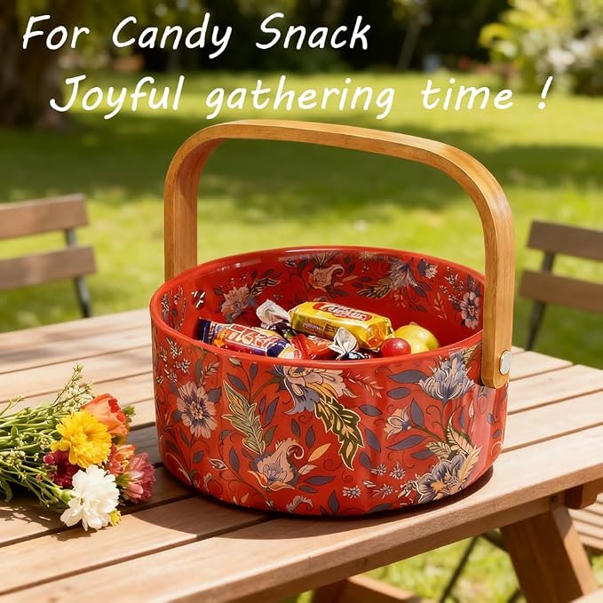 Ceramic Fruit Berry Basket with Detachable Wooden Handle Candy Dish Christmas Decorations Ornaments Decorative Bowl Home Kitchen & Dining Table Office Decor(Red)