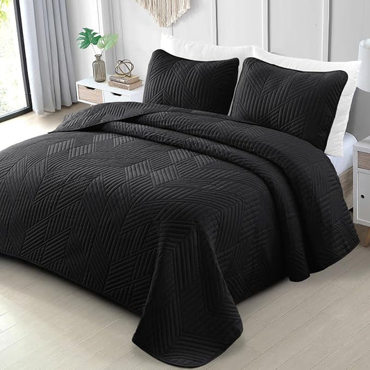 Exclusivo Mezcla Ultrasonic Full Queen Quilt Bedding Set, Black | Lightweight Bedspreads, Soft Microfiber, Modern Geometric Coverlet, All Season Bed Cover, 1 Quilt and 2 Pillow Shams