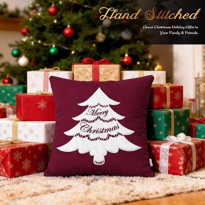 BRAWARM Christmas Pillow Cover 18 X 18 Inches, Burgundy Christmas Tree Embroidered Pillow Cover, Soft Velvet Decorative Throw Pillow for Couch Bed Sofa Living Room Home