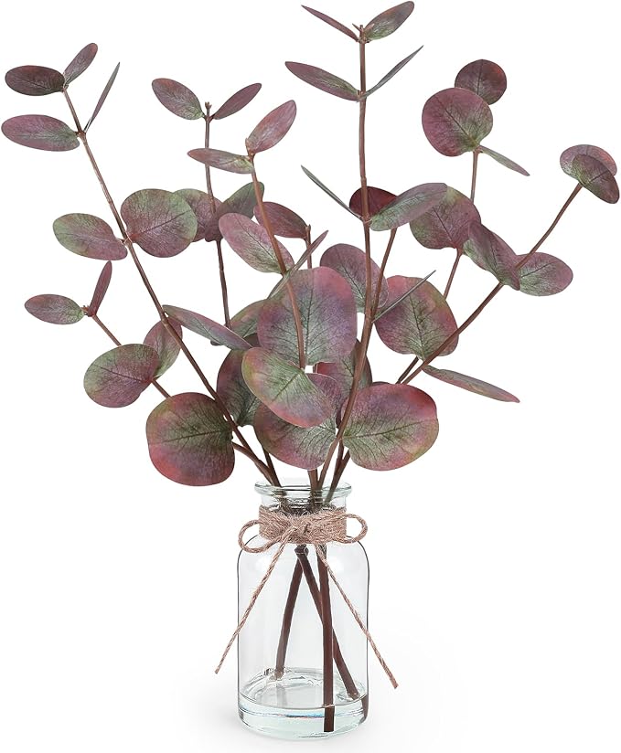 Bessol Artificial Eucalyptus Stems in Glass Vase with Faux Water, 14" Fake Plants for Home Decor, Coffee Table Centerpieces, Office, Bathroom & Farmhouse Weddings - Faux Plants Decorations
