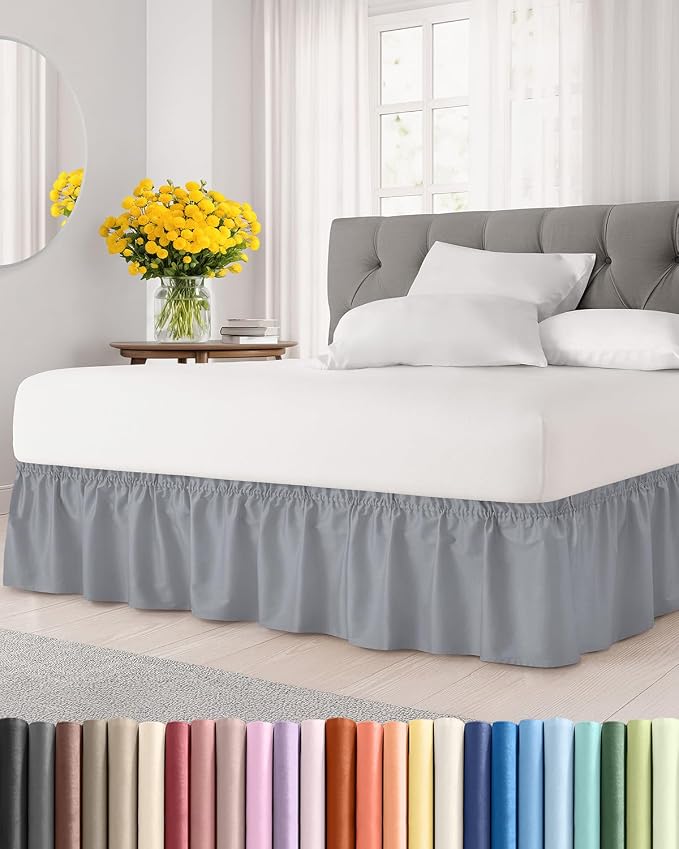 Wrap Around Dust Ruffle Bed Skirt, King Size - 12 Inch Drop, Steel Blue | Easy Fit Elastic Strap, Adjustable Pleated Bedskirt w/Brushed Fabric, Wrinkle & Fade Free, for Women, Men, Kids & Teens