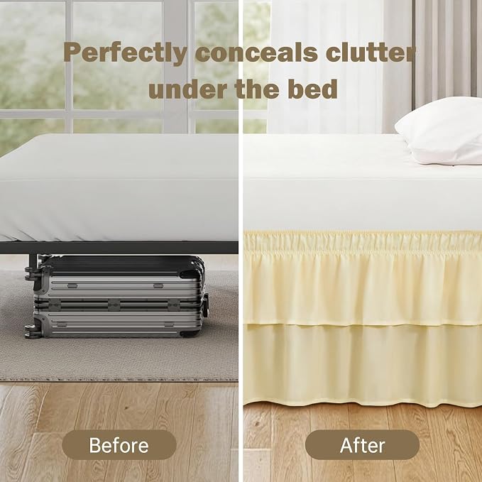 Cream Yellow Queen Bed Skirt 18 Inch Drop, Double Layer Dust Ruffle | Hides Storage, Double Layer Ruffle, Elastic Stays Put, Soft Fabric, Machine Washable, Elegant Look