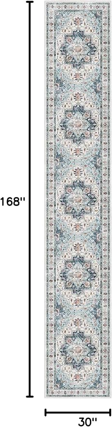 Madane Hallway Runner Rug 2'6''x14' Kitchen Runners Vintage, Blue | Long Non-Slip Washable Rugs 14ft for Laundry Room, Entryway and Bedroom, Soft Low Pile Stain-Resistant 2.5x14 Ft Floor Carpet