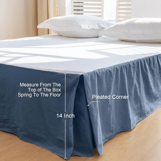 BISELINA French Linen Bed Skirt with Pleated Corner 14-Inch Tailored Drop Natural Flax Cotton Blend Basic Dust Ruffle Soft Cozy Farmhouse Bedding (14" King, Basic Navy Blue)