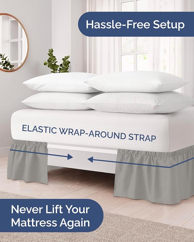Wrap Around Dust Ruffle Bed Skirt - College Dorm Room - Twin/Twin XL | Light Grey, 15 Inch Drop, Elastic Strap & Adjustable Pleated Bedskirt, Wrinkle Free, for Women, Men, Students, Kids & Teens