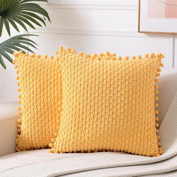 Fancy Homi Set of 2 Yellow Decorative Throw Pillow Covers 18x18 Inch with Pom-poms for Couch Bedroom Living Room, Modern Farmhouse Boho Spring Home Decor, Soft Corduroy Cute Cushion Case 45x45 cm