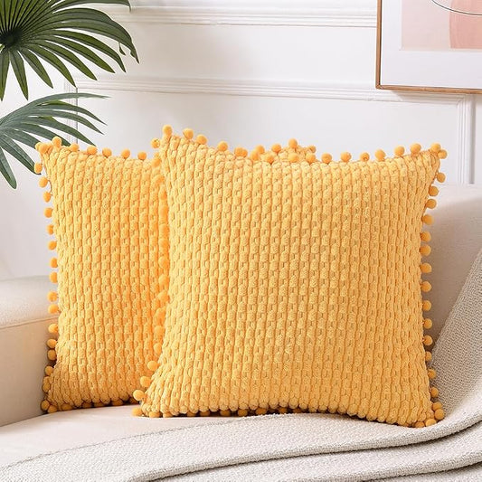 Fancy Homi Set of 2 Yellow Decorative Throw Pillow Covers 18x18 Inch with Pom-poms for Couch Bedroom Living Room, Modern Farmhouse Boho Spring Home Decor, Soft Corduroy Cute Cushion Case 45x45 cm