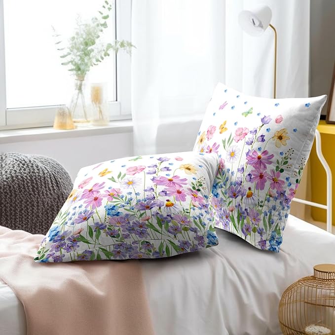 Watercolor Floral Pillow Covers 22x22 Inches Set of 2 Spring Summer Wildflower Butterfly Cotton Cushion Covers for Home Home Sofa Couch