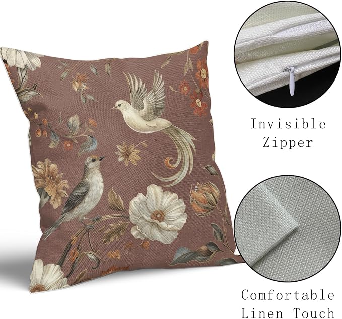 Kawani Vintage Floral Pillow Covers 18x18 Inch Set of 2 Brown Chinoiserie Flower and Bird Outdoor Decorative Throw Pillows Retro Rustic Pillowcases Farmhouse Cushion Covers for Couch Home Decor