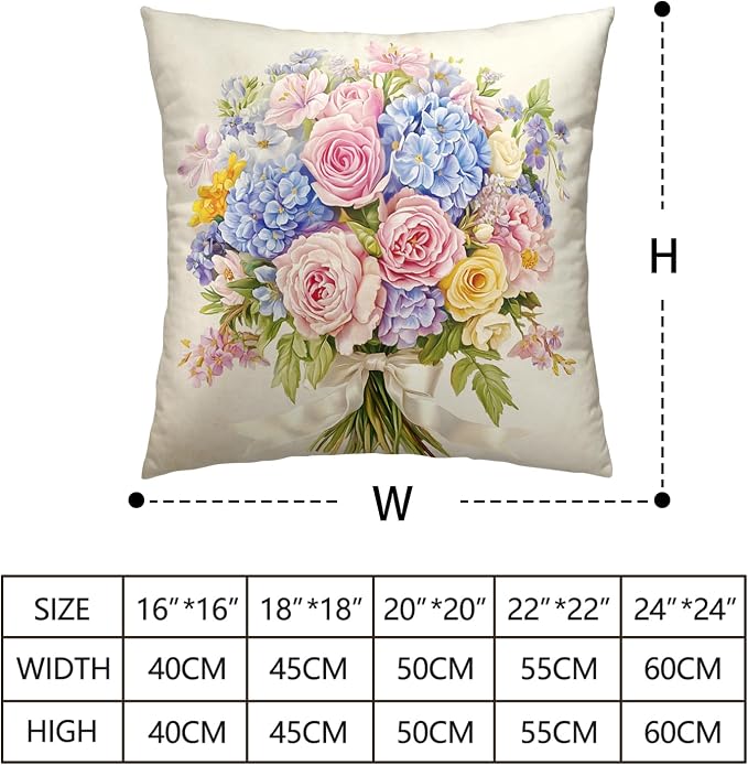 Spring Summer Floral Pillow Covers 22x22 Pink Rose Blue Hydrangea Throw Pillow Covers Exquisite Bouquet Pillow Case Flowers Cushion Case for Living Room Couch Sofa 2 Pack