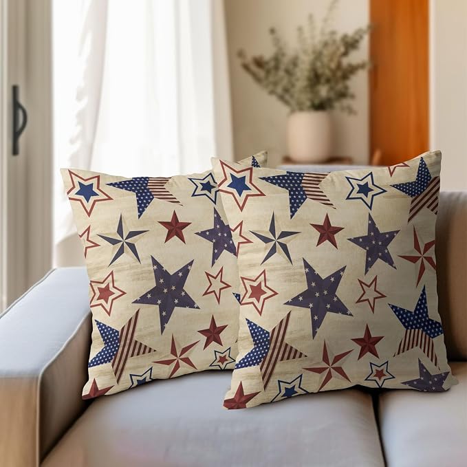 Kawani 4th of July Patriotic Pillow Covers 24x24 Inch Vintage Red Blue American Stars Independence Day Outdoor Throw Pillows Set of 2 Rustic Memorial Day Pillowcases for Couch