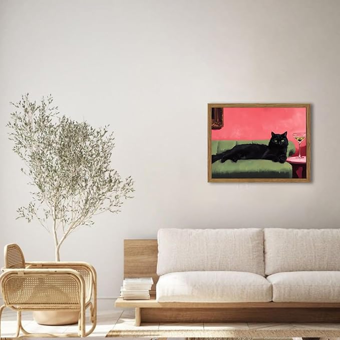 Cute Black Cat With Martini Wall Art Funny Animal Wall Decor Quirky Whimsical Cocktail Bar Cart Canvas Painting Poster Prints Pet Lover Picture Aesthetics for Bedroom Living Room Framed 12x16 inch