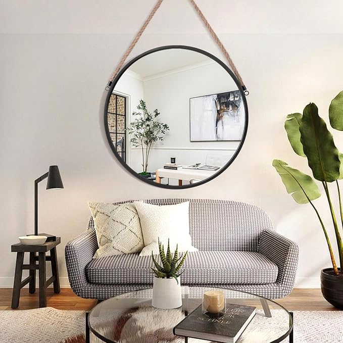 Hanging Mirror Black Round Metal Framed Circle Wall Mirrors with Rope Modern for Bathroom Bedroom Living Room Entryway Home Decorative 28"