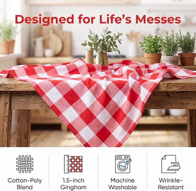 ShinyBeauty 60"X120" Rectangle Tablecloth Red and White Farmhouse Cover | Cotton Linen Checkered Plaid, Wrinkle-Resistant, Folded Hem for Dining Room Kitchen Outdoor Picnic Christmas Party Decor