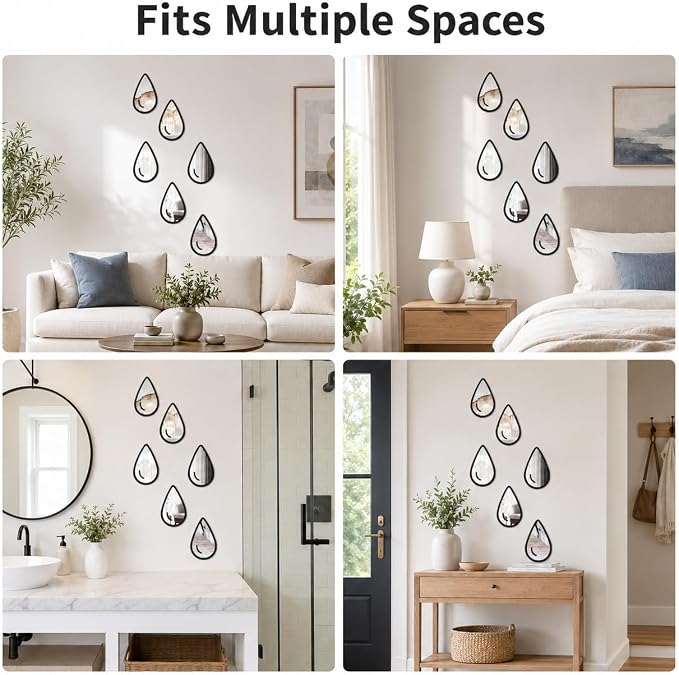 1 Set 6pcs Teardrop Mirror Wall Stickers, Self Adhesive Decorative Mirror Tiles, 5.9 x 3.5 Inch Water Drop Wall Mirror Decor for Bedroom Bathroom Living Room Entryway Modern Boho Accent