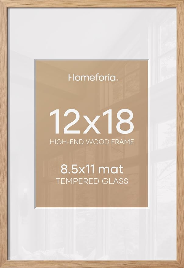 Homeforia 12x18 Natural Oak Picture Frame, High-End Wood, 8.5x11 Mat, Glass