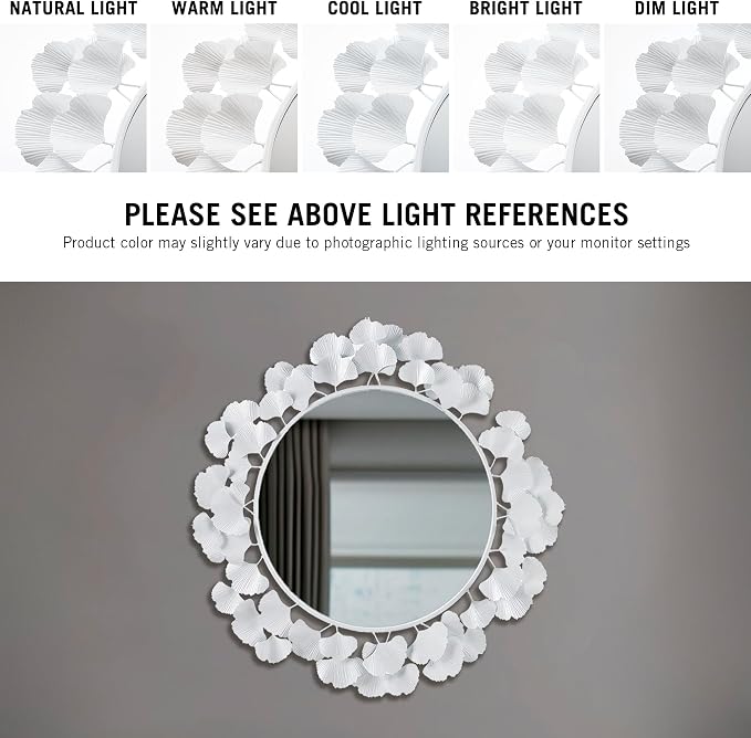 Martha Stewart Wall Décor Large Gingko Leaf Round Wall Mirror for Living Room, Iron Metal Plate Frame Antique Finish, Ready to Hang Bedroom Decoration, Eden, 30.5", White