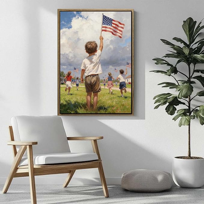 American Flag Framed Canvas Wall Art, 4th of July Patriotic Canvas Prints | Boy Holding USA Flag Poster Print, Modern Independence Day Wall Decor for Living Room Kids Room Dining Room Office 24×32in