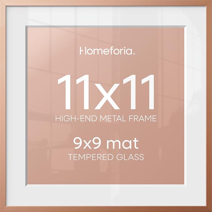 Homeforia 11x11 Rose Picture Frame, High-End Metal, 9x9 Mat, Glass