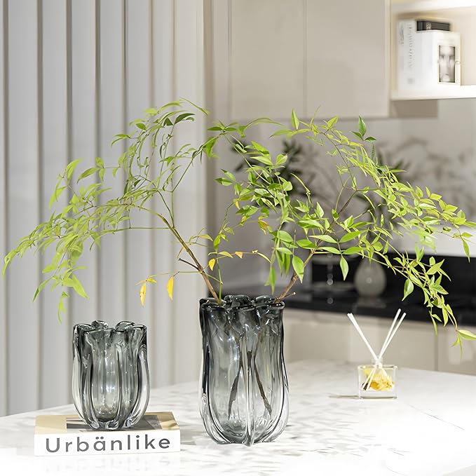 Modern Black Advanced Grey Glass Vase for Flowers, Hand Blown Art Glass Glass vase,Room Decoration and Centerpiece