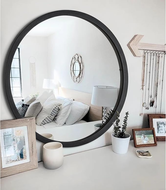 JJUUYOU Round Mirrors for Wall 20 Inch Hanging Circle Mirror for Bathroom, Black Wall Mounted Wood Frame Mirror for Living Room, Bedroom, Washroom, Dorm