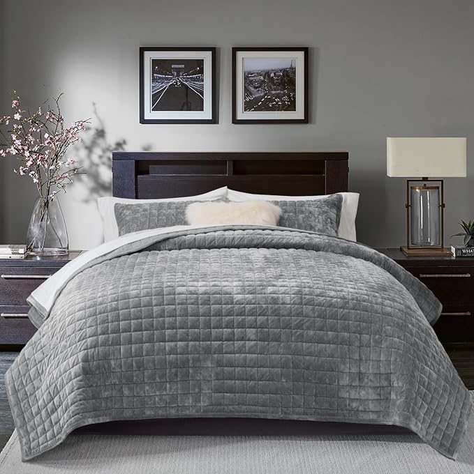 RECYCO Channel Box Stitch Velvet Quilt Set, King Size, Gray | Ultra Soft Lightweight Velvet Comforter, Luxury Oversized Bedspread Coverlet, Quilted Bedding Set for All Season with 2 Shams