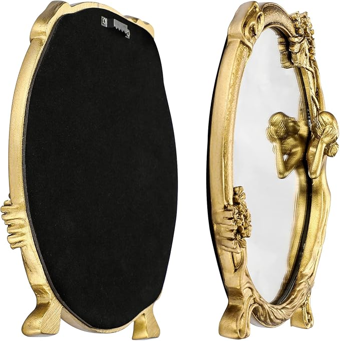 JUXYES Small Wall Mirror Decor Retro Gold Resin Beauty Girl Wall Mirror | Vintage Cosmetic Mirror with Decorative Frame - A Girl Looking In the Mirror, Unique Elegant Wall Mirror Gift for Women Girls