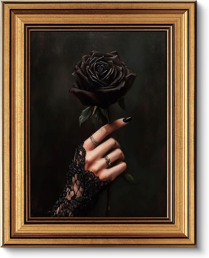 Vintage Gold Framed Wall Art Dark Academia Gothic Black Rose Wall Decor Picture Romantic Victorian Witchy Aesthetic Poster Dark Halloween Print for Gallery Living Room Bedroom Home Decoration 9x11in