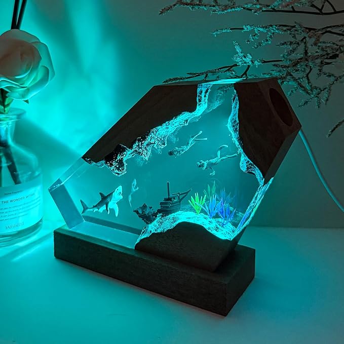 Shark Resin Lamp, Scuba Diving Gifts Resin Ocean Lamp,Handmade Shark Decor Nightlight with Wooden Base, RGB LED Lights,Gifts for Mother'sDay, Valentine's Day,Birthday Holiday (L 10"X6")