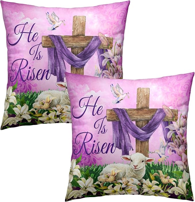 He is Risen Cross Christian Throw Pillow Covers 22''x22'' Set of 2 Easter Spring Pillowcase Religious Lily Floral Lamb Cotton Square Cushion Case Happy Holiday Pillows Protector for Home Sofa
