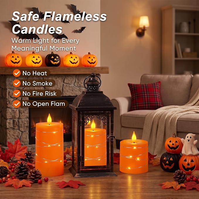 Raycare Orange Battery Operated Flameless Pillar Candle with Remote Timer